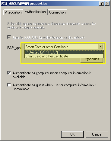 Once in FIU_SECUREWiFi's properties, select the Authentication tab