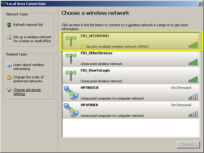 Double-Click on FIU_SECUREWiFi and wait until Windows displays 'Windows was unable to find a certificate to log you on the network FIU_SECUREWiFi.'