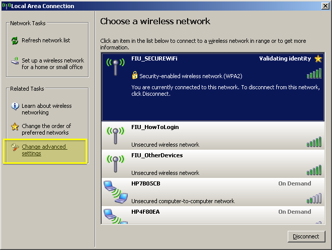 Single Click on the FIU_SECUREWifi and then click change advanced settings.