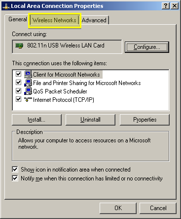 Next select the Wireless Networks tab and verify that the 'Use Windows to configure my wireless network settings' box is checked.