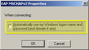 Next, click on the configure button next to the 'Select Authentication Method:' dropdown. Next, uncheck the box 'Automatically use my Windows logon name and password (and domain if any)' and click 'OK'